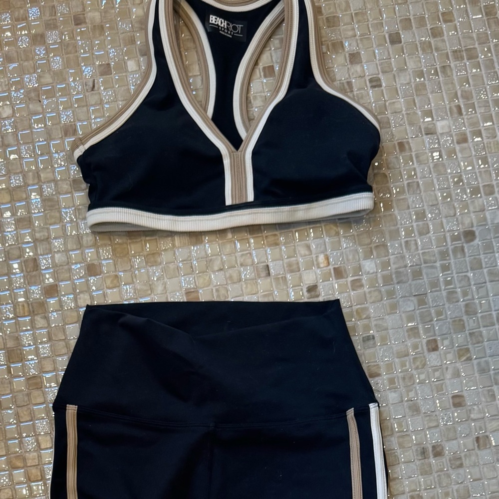 Beach Riot Black Bikini Top and High-Waist Bottom with Cream Trim